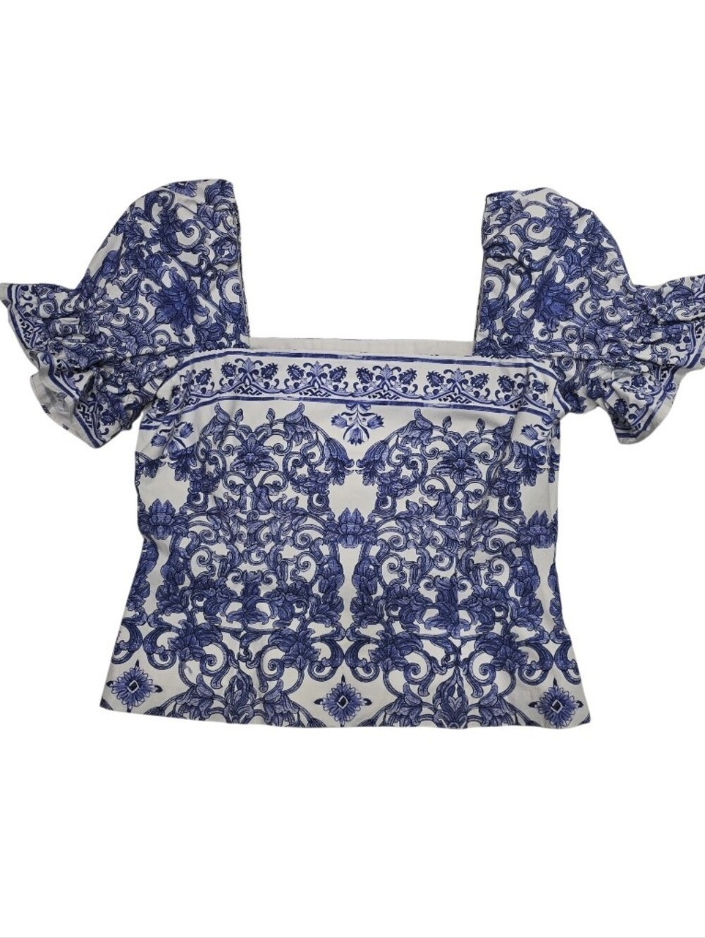Old Money Porcelain Print Puff Sleeve Square Neck Blouse Blue White Sz 12 - Picture 4 of 9